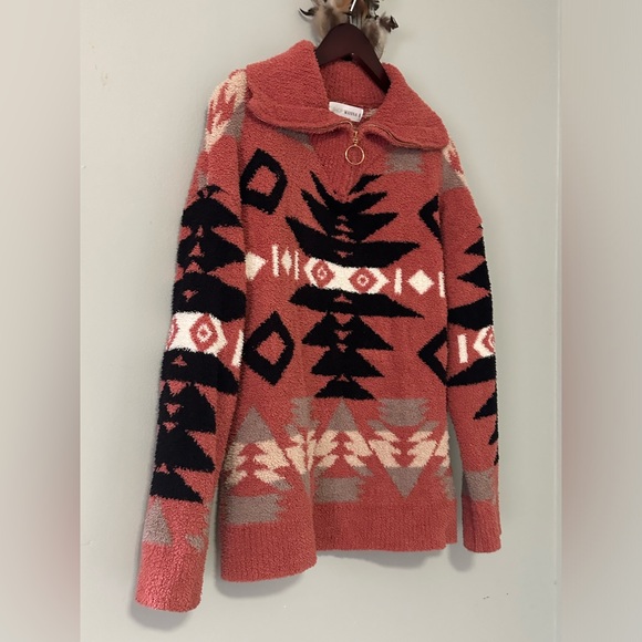 Wanna B Coral Aztec Mock Neck 3/4 Zip Pullover Sweater Women’s Size L Cozy Fall - Picture 3 of 12